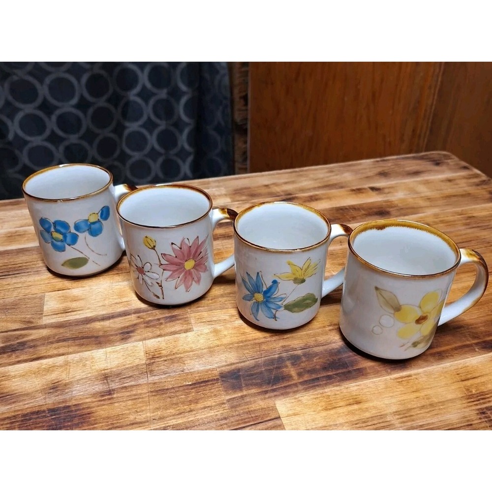 Vintage Sunnycraft Stoneware Mug Set Of 4 Flowers Made in Korea‎ Hand Painted